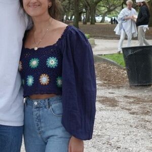 American Eagle Navy Floral Crochet Top